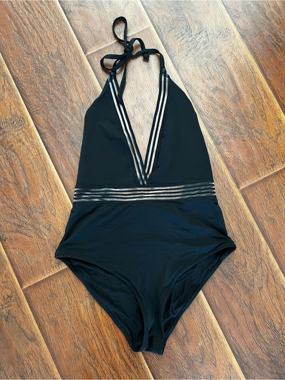 H&M Black One-Piece Swimsuit with Sheer Stripe Accents